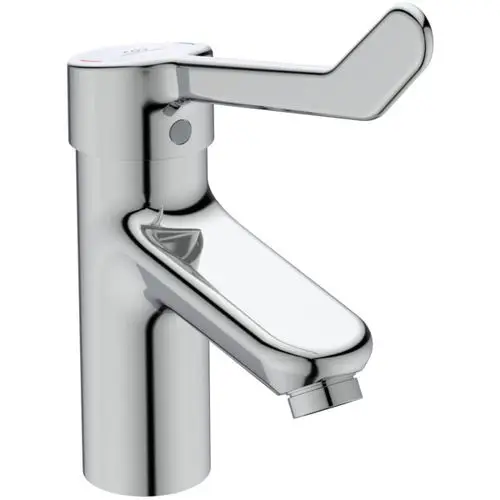 Hochglanzchromene Armatur von Ideal Standard mit einem Hebel und einem Auslauf. Für den Einsatz in klinischen Umgebungen geeignet.